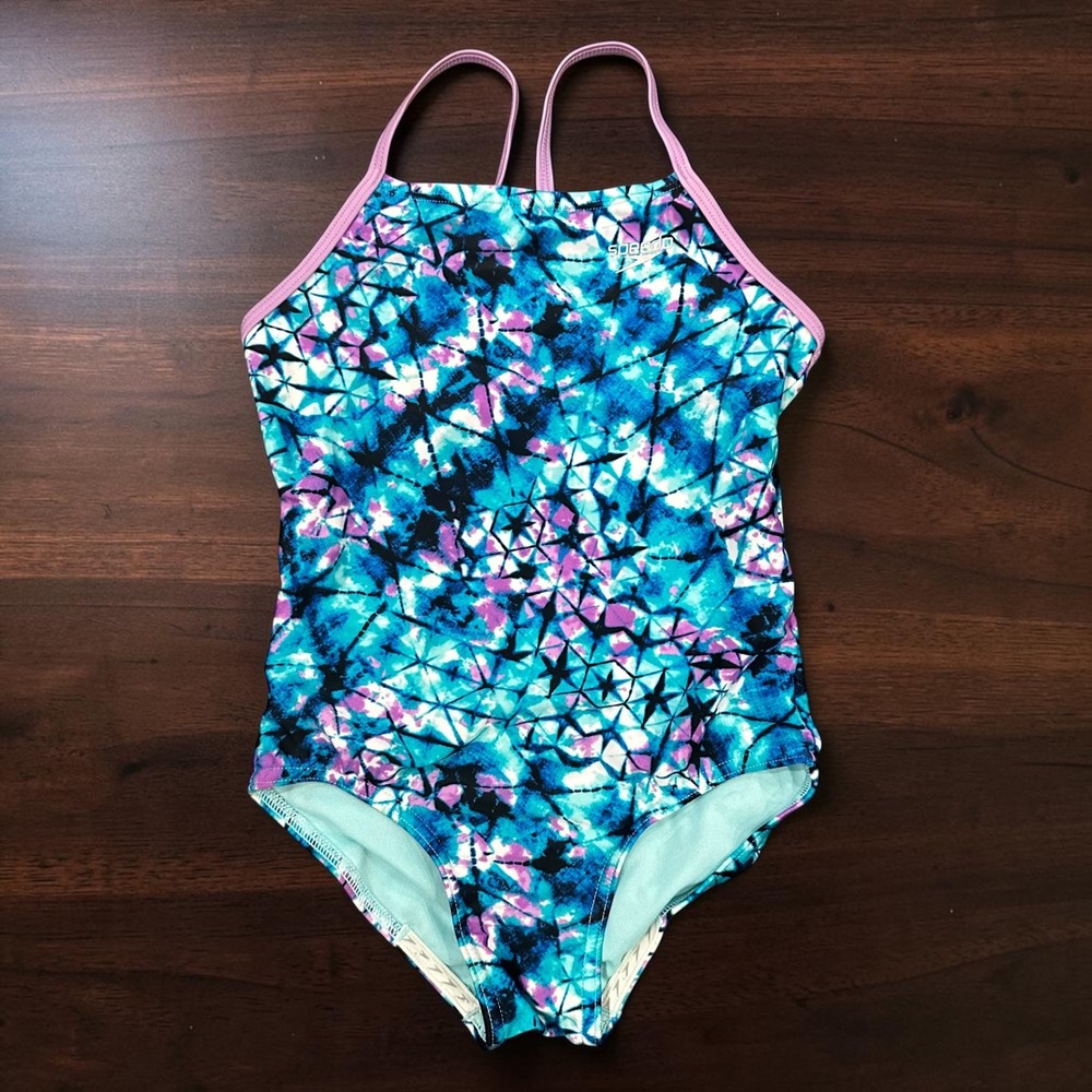 Speedo Girls One Piece Swimsuit Geometric Tie Dye Blue Purple Size Small 7/8